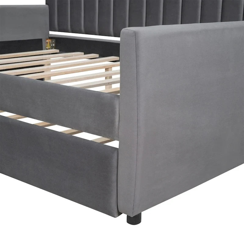 Canapé-lit gris / beige en velours avec 2 tiroirs et sommier à lattes en bois – Lit simple / Lit double