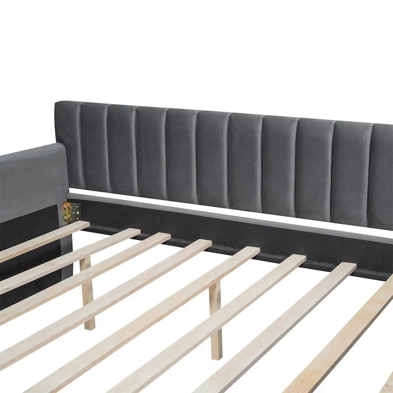 Canapé-lit gris / beige en velours avec 2 tiroirs et sommier à lattes en bois – Lit simple / Lit double
