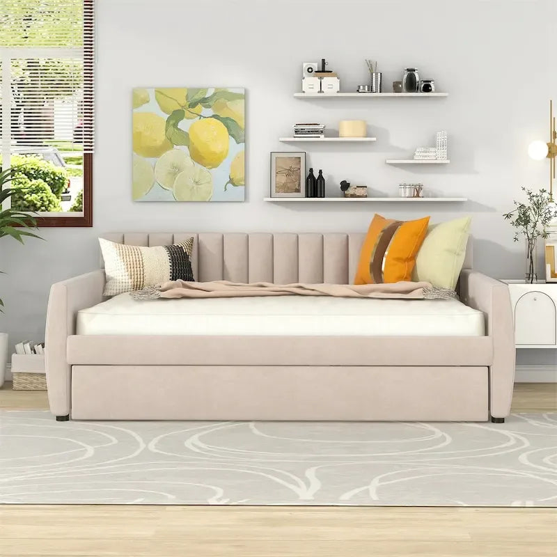 Canapé-lit gris / beige en velours avec 2 tiroirs et sommier à lattes en bois – Lit simple / Lit double