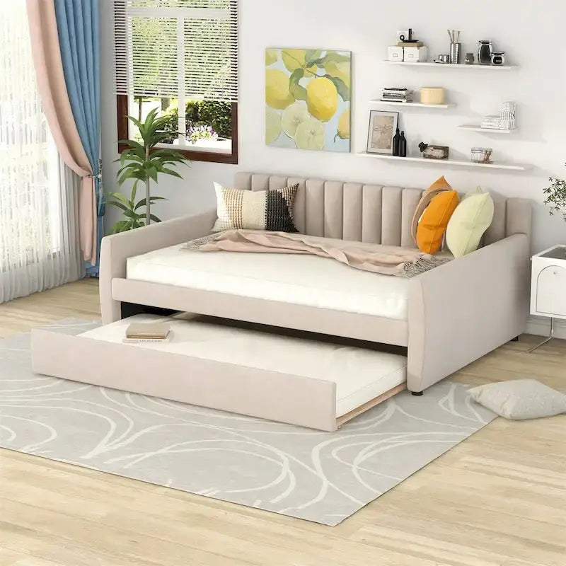 Canapé-lit gris / beige en velours avec 2 tiroirs et sommier à lattes en bois – Lit simple / Lit double