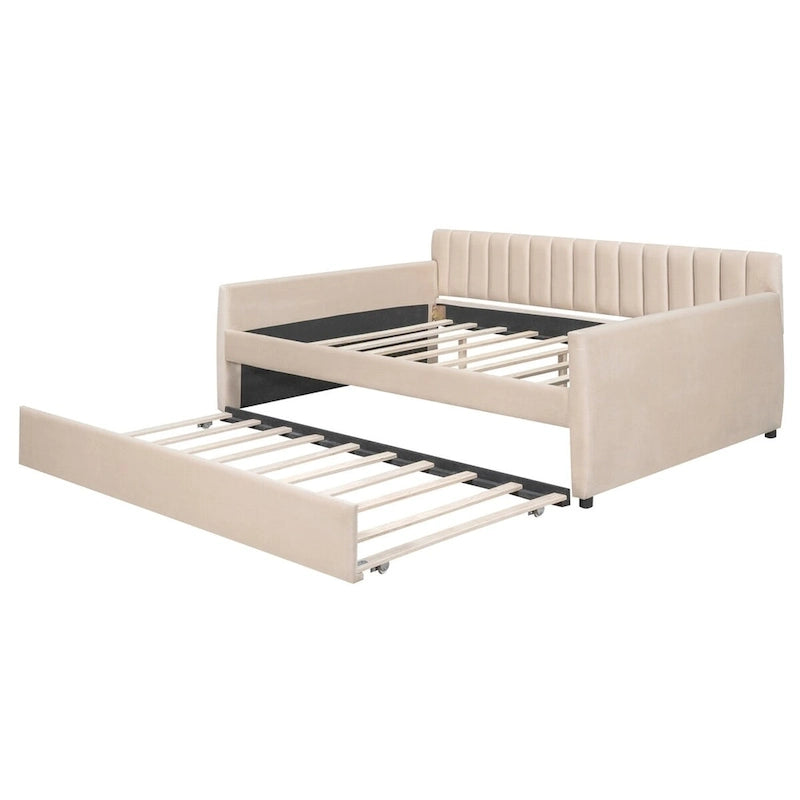 Canapé-lit gris / beige en velours avec 2 tiroirs et sommier à lattes en bois – Lit simple / Lit double
