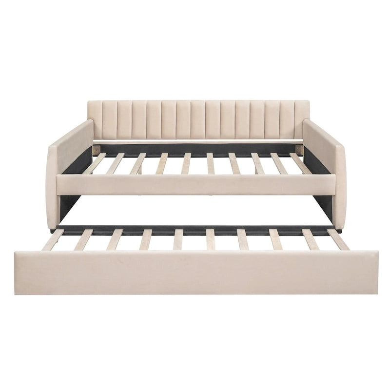 Canapé-lit gris / beige en velours avec 2 tiroirs et sommier à lattes en bois – Lit simple / Lit double