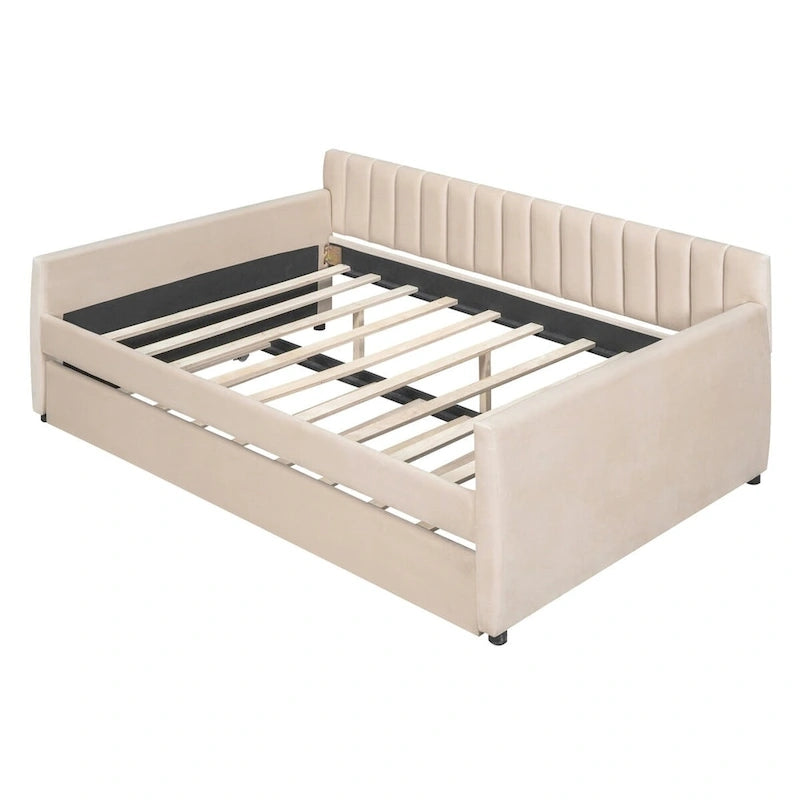 Canapé-lit gris / beige en velours avec 2 tiroirs et sommier à lattes en bois – Lit simple / Lit double