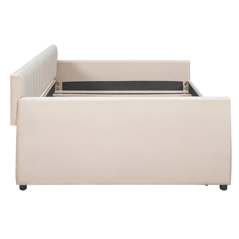 Canapé-lit gris / beige en velours avec 2 tiroirs et sommier à lattes en bois – Lit simple / Lit double