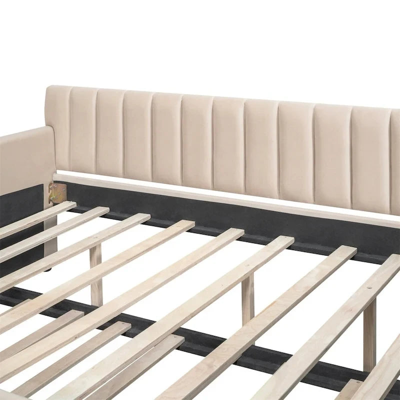 Canapé-lit gris / beige en velours avec 2 tiroirs et sommier à lattes en bois – Lit simple / Lit double
