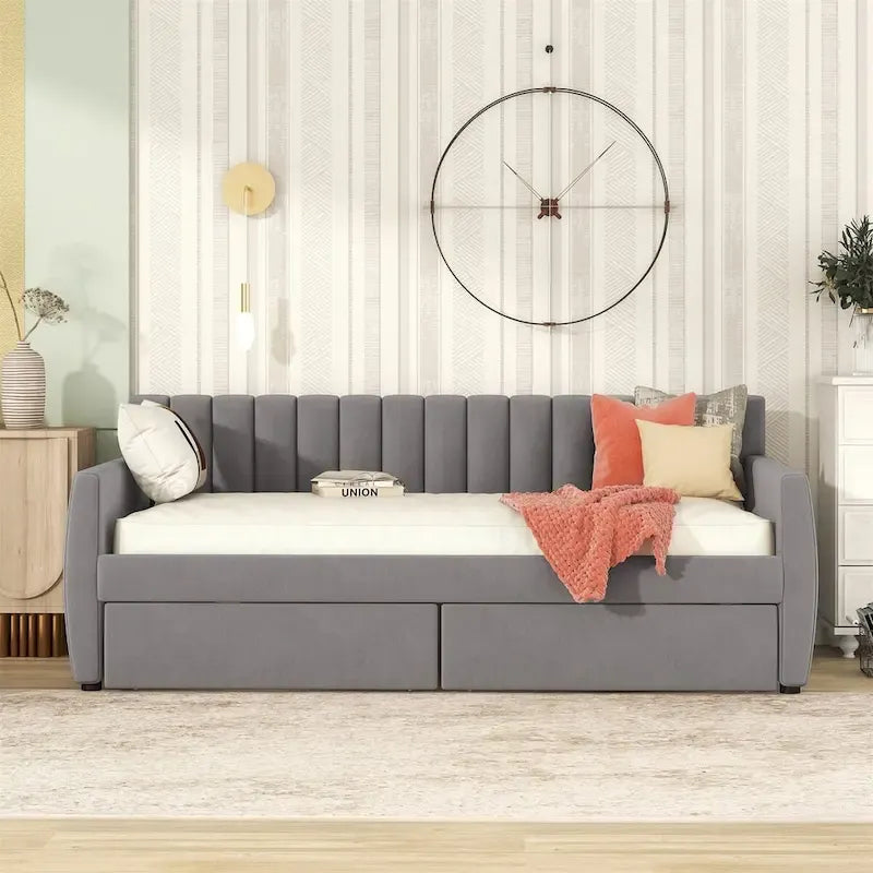 Canapé-lit gris / beige en velours avec 2 tiroirs et sommier à lattes en bois – Lit simple / Lit double