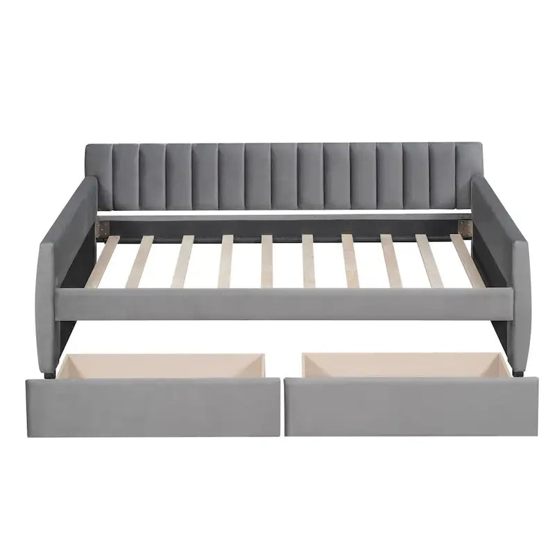 Canapé-lit gris / beige en velours avec 2 tiroirs et sommier à lattes en bois – Lit simple / Lit double
