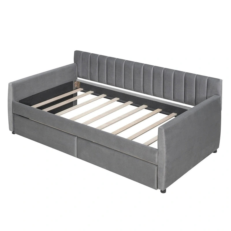 Canapé-lit gris / beige en velours avec 2 tiroirs et sommier à lattes en bois – Lit simple / Lit double