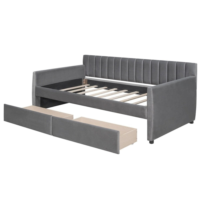 Canapé-lit gris / beige en velours avec 2 tiroirs et sommier à lattes en bois – Lit simple / Lit double