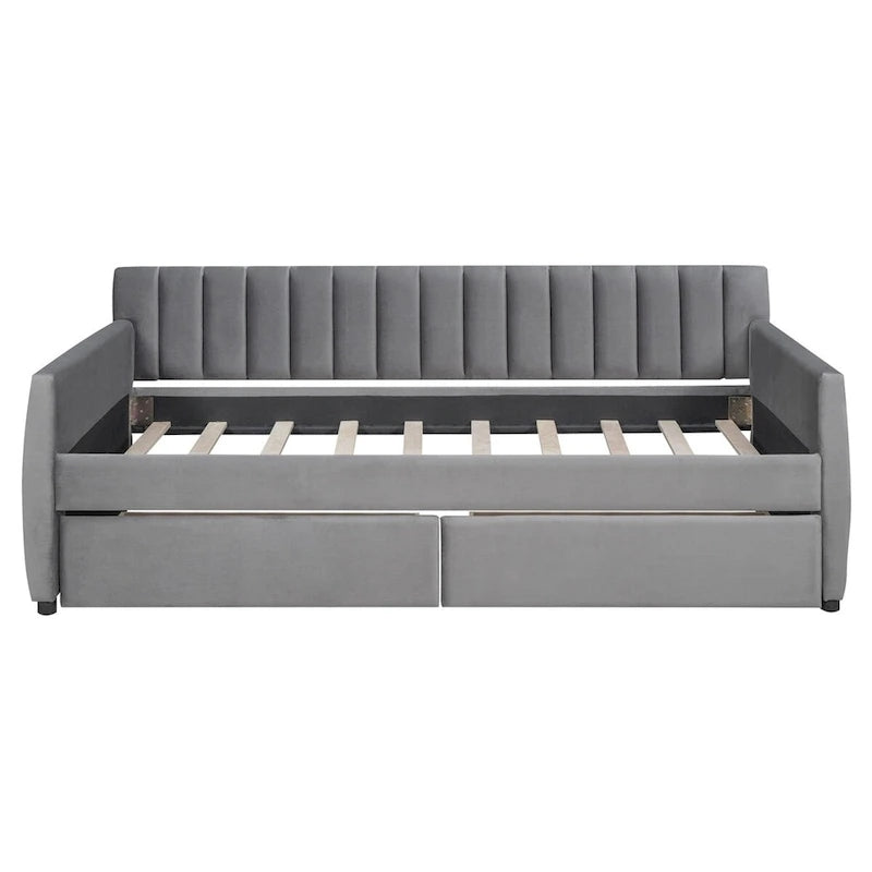 Canapé-lit gris / beige en velours avec 2 tiroirs et sommier à lattes en bois – Lit simple / Lit double