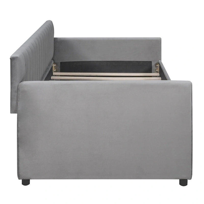 Canapé-lit gris / beige en velours avec 2 tiroirs et sommier à lattes en bois – Lit simple / Lit double