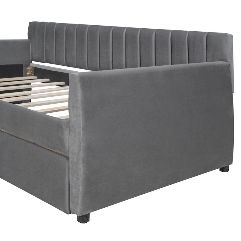 Canapé-lit gris / beige en velours avec 2 tiroirs et sommier à lattes en bois – Lit simple / Lit double