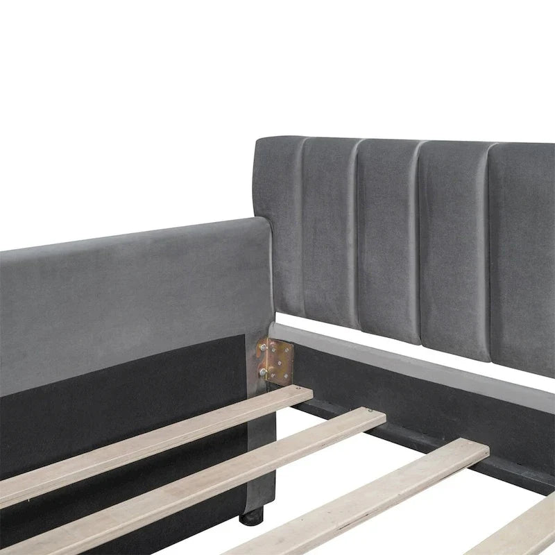 Canapé-lit gris / beige en velours avec 2 tiroirs et sommier à lattes en bois – Lit simple / Lit double