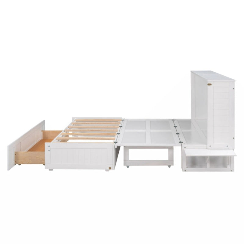 Lit escamotable mobile Queen Size blanc avec tiroir et étagères latérales