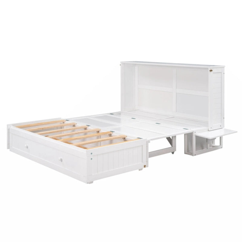 Lit escamotable mobile Queen Size blanc avec tiroir et étagères latérales