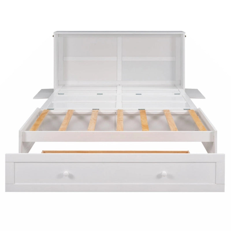 Lit escamotable mobile Queen Size blanc avec tiroir et étagères latérales