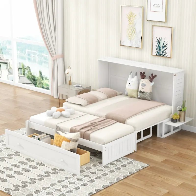 Lit escamotable mobile Queen Size blanc avec tiroir et étagères latérales