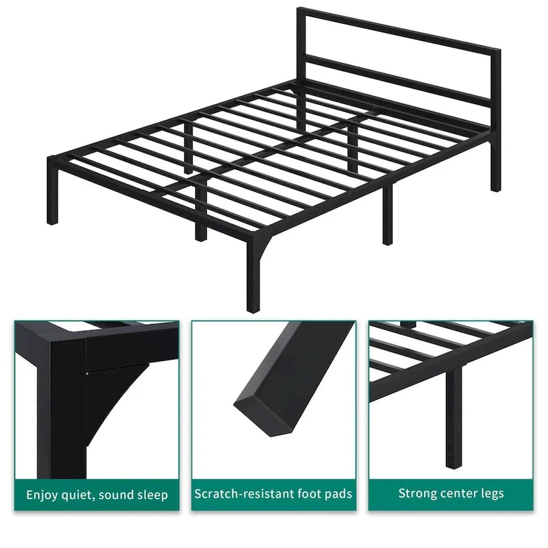 Lit plateforme en métal noir avec tête et pied de lit – Simple / Double / Grand
