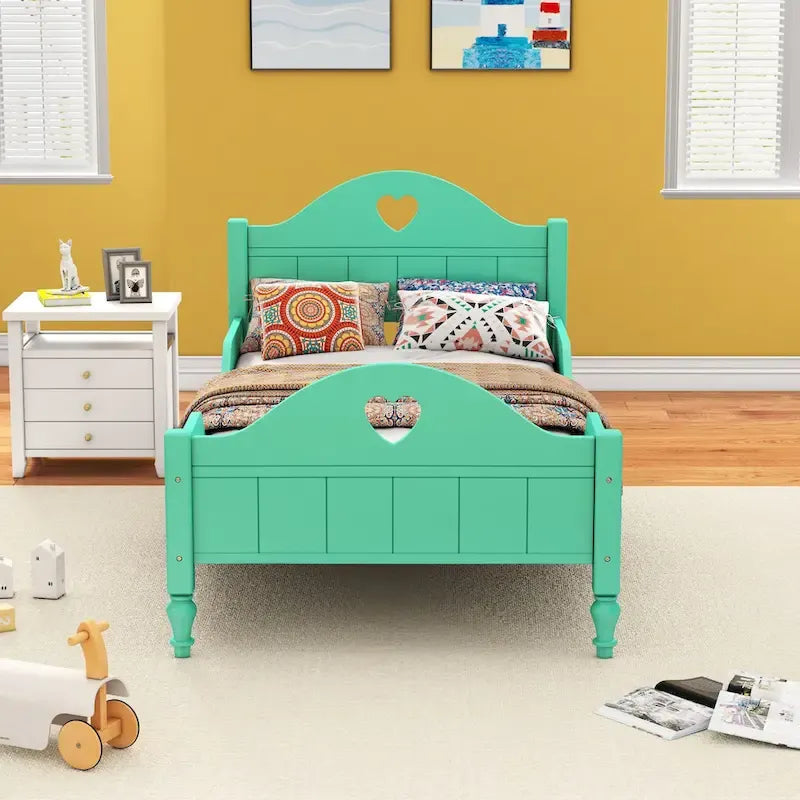 Lit jumeau rose / vert / blanc / turquoise pour enfant avec barrières de sécurité latérales, tête et pied de lit – 1 enfant
