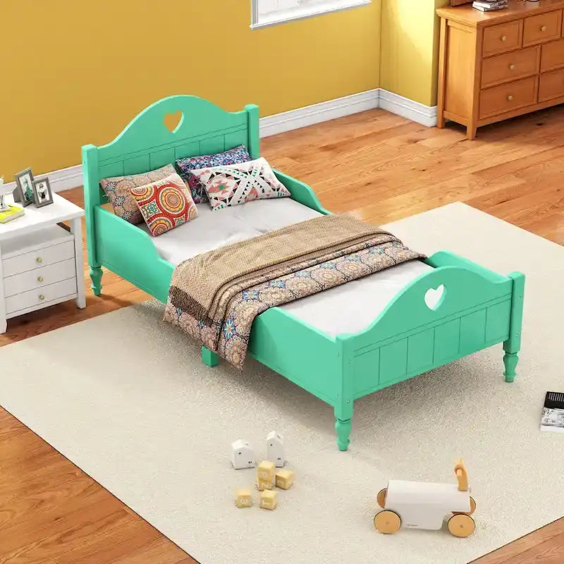 Lit jumeau rose / vert / blanc / turquoise pour enfant avec barrières de sécurité latérales, tête et pied de lit – 1 enfant