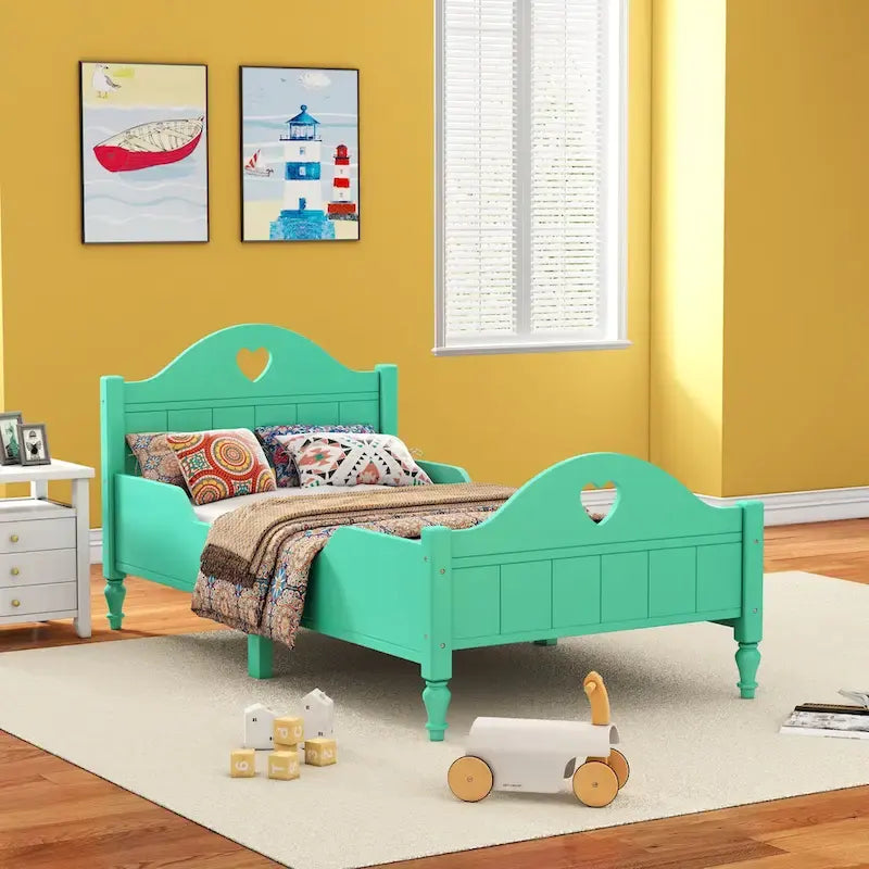 Lit jumeau rose / vert / blanc / turquoise pour enfant avec barrières de sécurité latérales, tête et pied de lit – 1 enfant