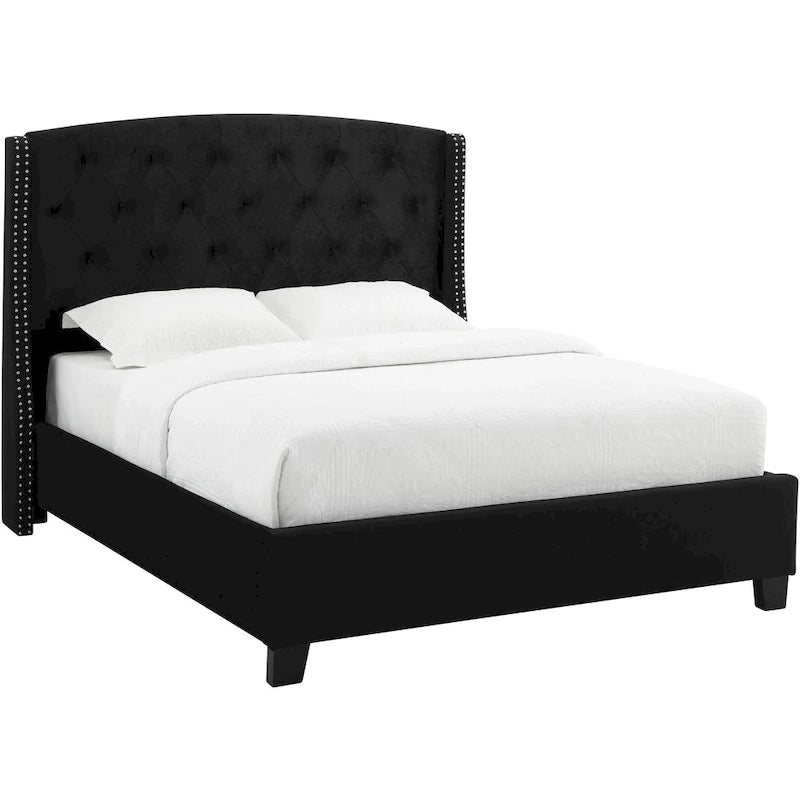 Lit plateforme bas Queen noir avec tête de lit capitonnée à oreilles et bordure cloutée