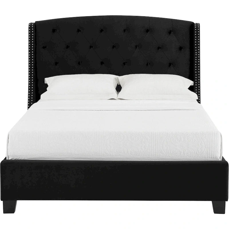 Lit plateforme bas Queen noir avec tête de lit capitonnée à oreilles et bordure cloutée