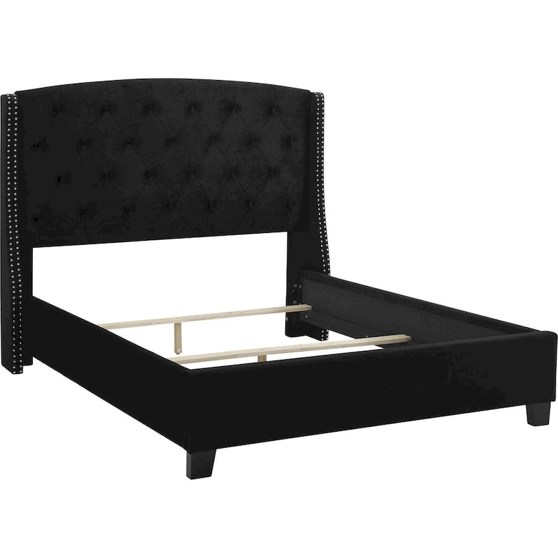 Lit plateforme bas Queen noir avec tête de lit capitonnée à oreilles et bordure cloutée