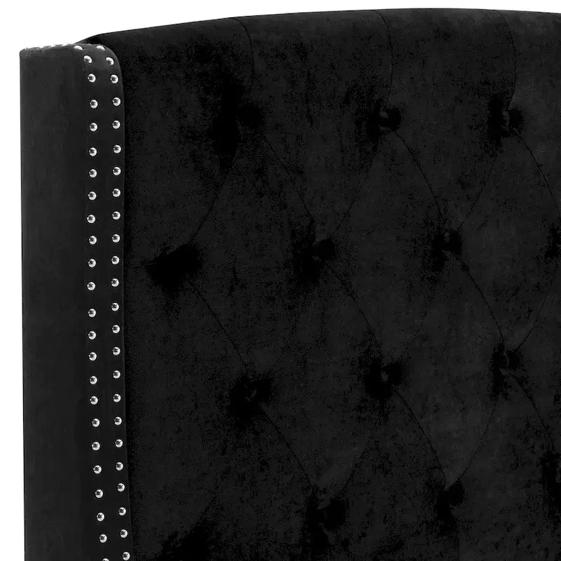 Lit plateforme bas Queen noir avec tête de lit capitonnée à oreilles et bordure cloutée