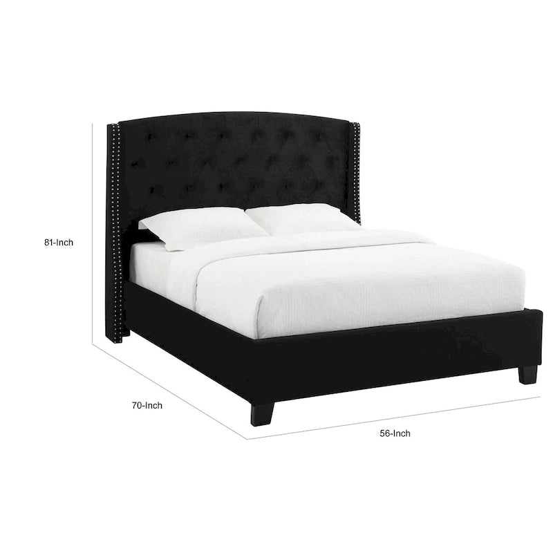 Lit plateforme bas Queen noir avec tête de lit capitonnée à oreilles et bordure cloutée