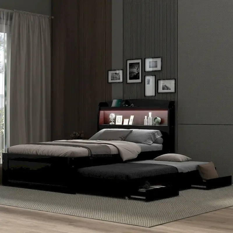 Lit plateforme double XL gris/marron foncé avec étagères de tête de lit LED, station de charge, lit gigogne et 2 tiroirs