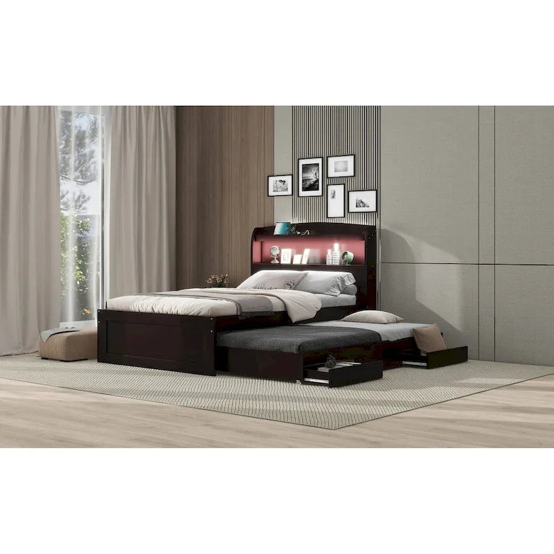 Lit plateforme double XL gris/marron foncé avec étagères de tête de lit LED, station de charge, lit gigogne et 2 tiroirs