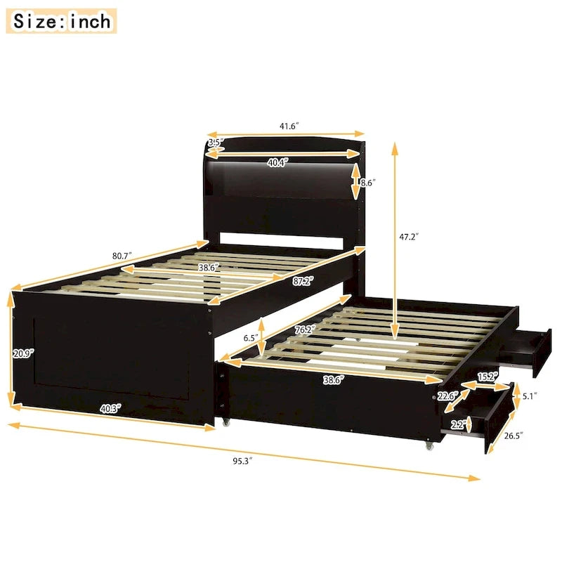 Lit plateforme double XL gris/marron foncé avec étagères de tête de lit LED, station de charge, lit gigogne et 2 tiroirs