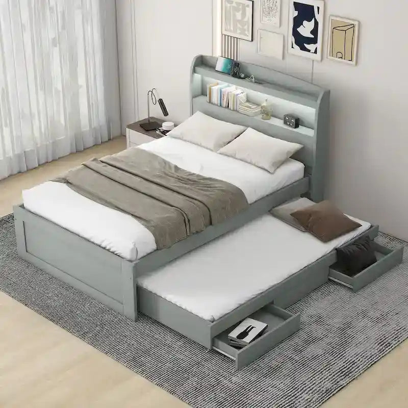 Lit plateforme double XL gris/marron foncé avec étagères de tête de lit LED, station de charge, lit gigogne et 2 tiroirs