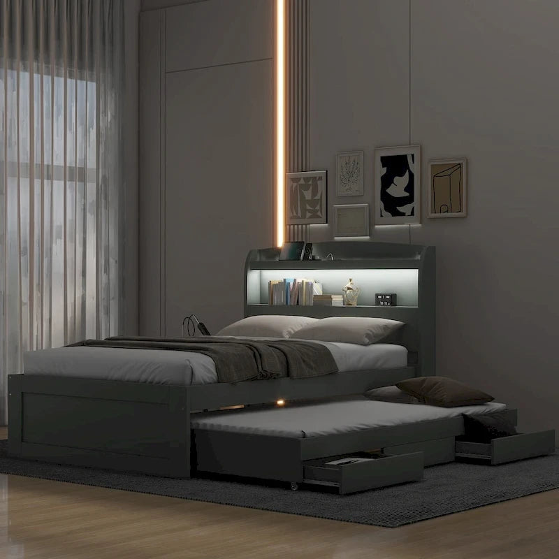 Lit plateforme double XL gris/marron foncé avec étagères de tête de lit LED, station de charge, lit gigogne et 2 tiroirs