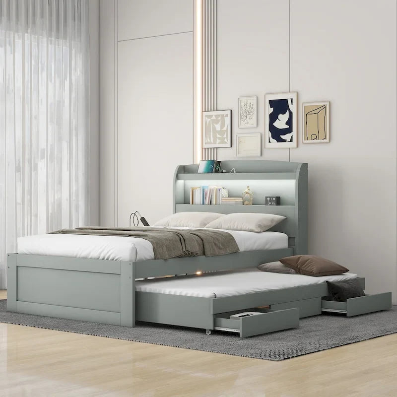 Lit plateforme double XL gris/marron foncé avec étagères de tête de lit LED, station de charge, lit gigogne et 2 tiroirs