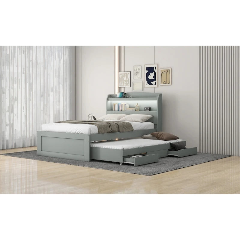 Lit plateforme double XL gris/marron foncé avec étagères de tête de lit LED, station de charge, lit gigogne et 2 tiroirs