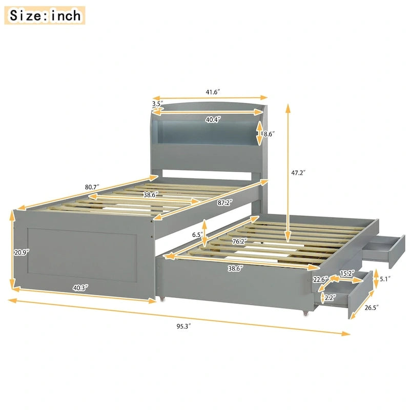 Lit plateforme double XL gris/marron foncé avec étagères de tête de lit LED, station de charge, lit gigogne et 2 tiroirs