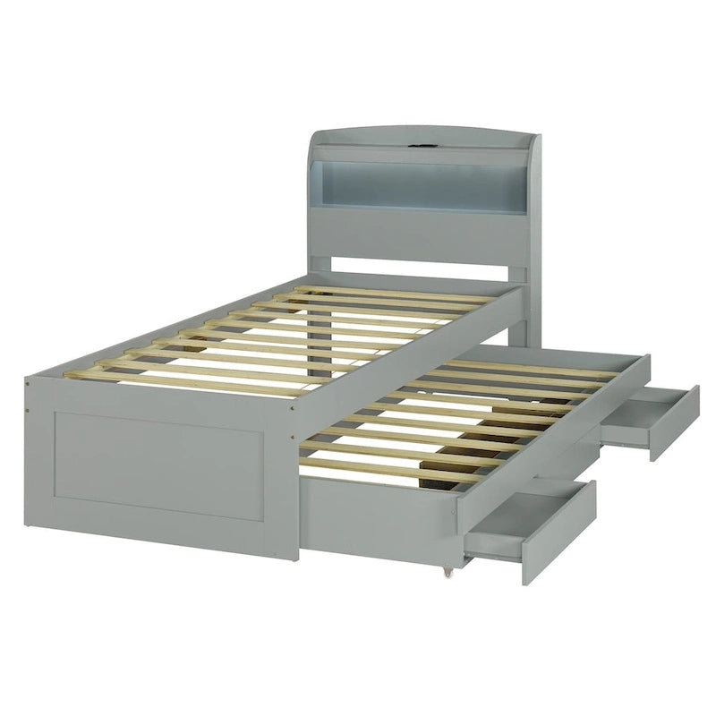 Lit plateforme double XL gris/marron foncé avec étagères de tête de lit LED, station de charge, lit gigogne et 2 tiroirs