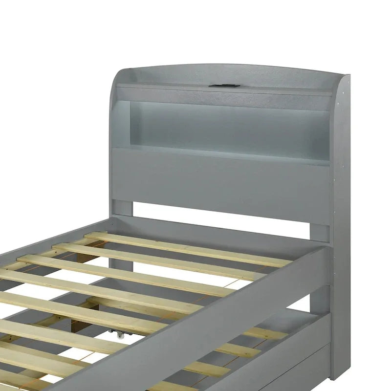 Lit plateforme double XL gris/marron foncé avec étagères de tête de lit LED, station de charge, lit gigogne et 2 tiroirs
