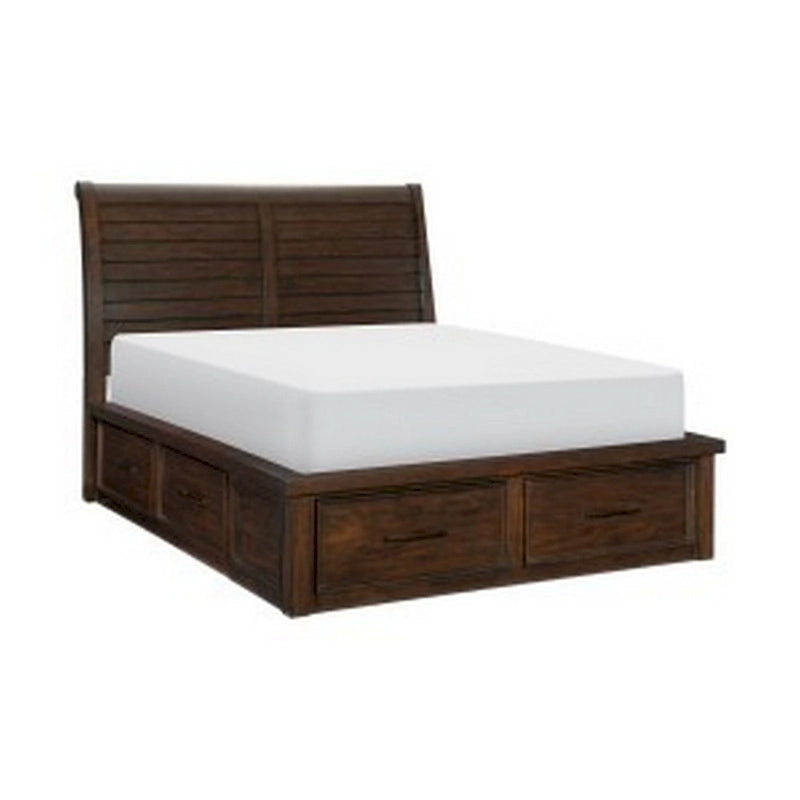 Lit plateforme queen marron et bronze avec tête de lit traîneau et 6 tiroirs de rangement
