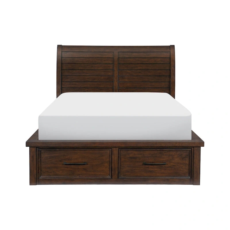 Lit plateforme queen marron et bronze avec tête de lit traîneau et 6 tiroirs de rangement