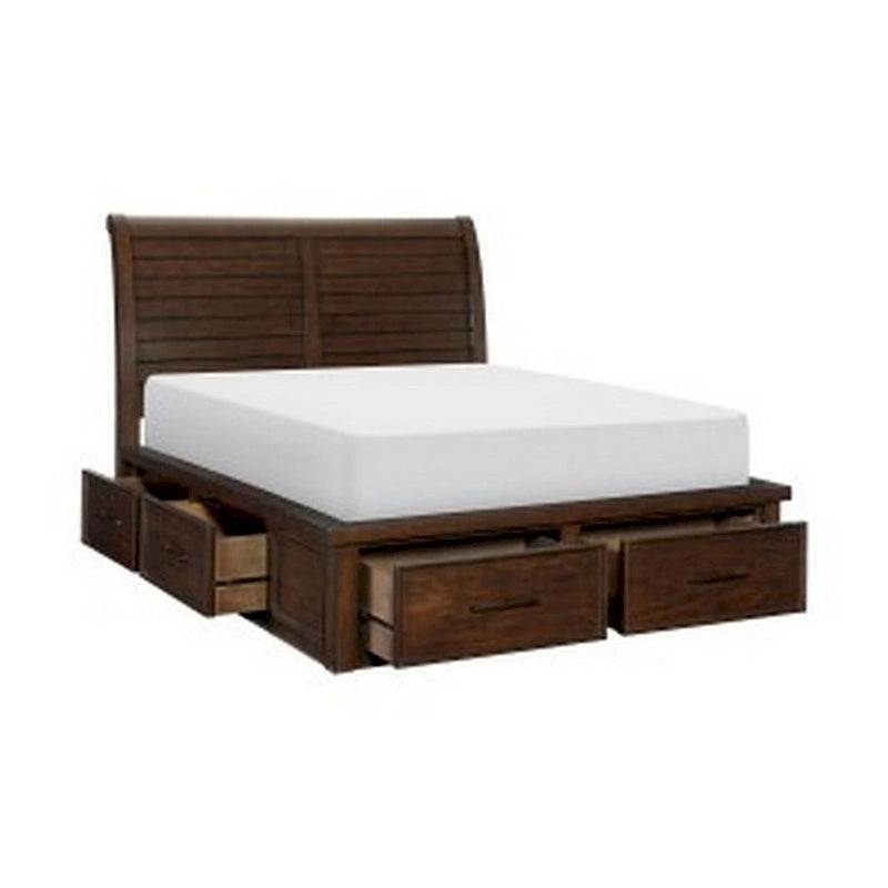 Lit plateforme queen marron et bronze avec tête de lit traîneau et 6 tiroirs de rangement