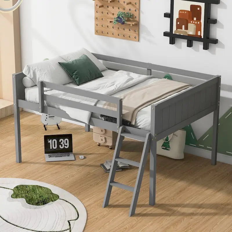 Lit mi-hauteur pleine taille blanc/gris avec échelle convertible et balustrades sur toute la longueur