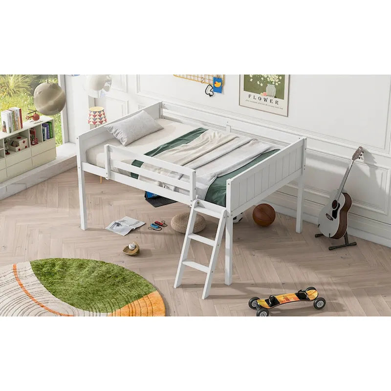 Lit mi-hauteur pleine taille blanc/gris avec échelle convertible et balustrades sur toute la longueur