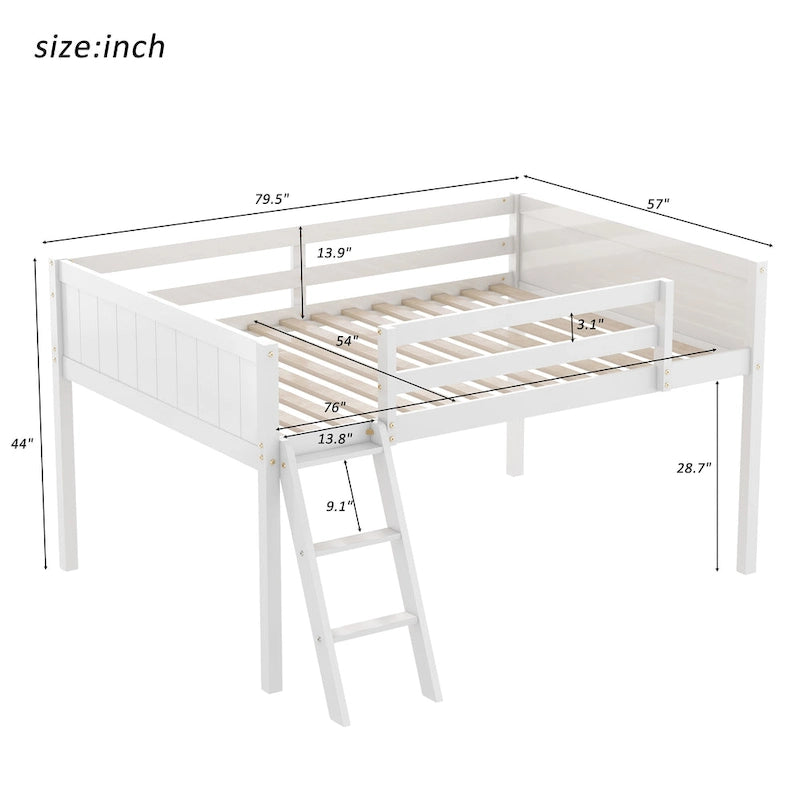 Lit mi-hauteur pleine taille blanc/gris avec échelle convertible et balustrades sur toute la longueur