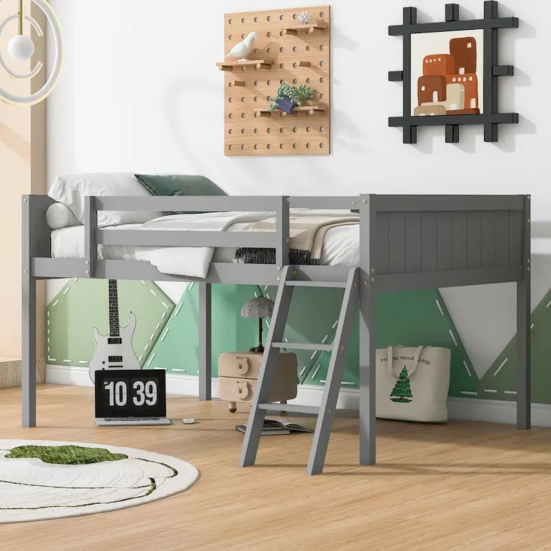 Lit mi-hauteur pleine taille blanc/gris avec échelle convertible et balustrades sur toute la longueur