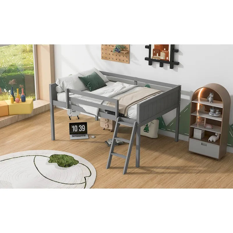 Lit mi-hauteur pleine taille blanc/gris avec échelle convertible et balustrades sur toute la longueur
