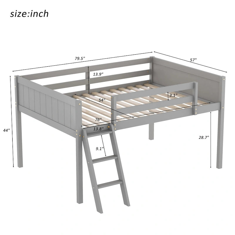 Lit mi-hauteur pleine taille blanc/gris avec échelle convertible et balustrades sur toute la longueur