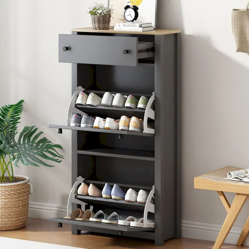Meuble à chaussures gris/noir avec 2 tiroirs basculants, séparateurs réglables et plateau aspect bois